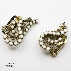 Vintage Signed Hobé Clip On Earrings w Milk Glass and Rhinestones 1.5" - Hey Viv